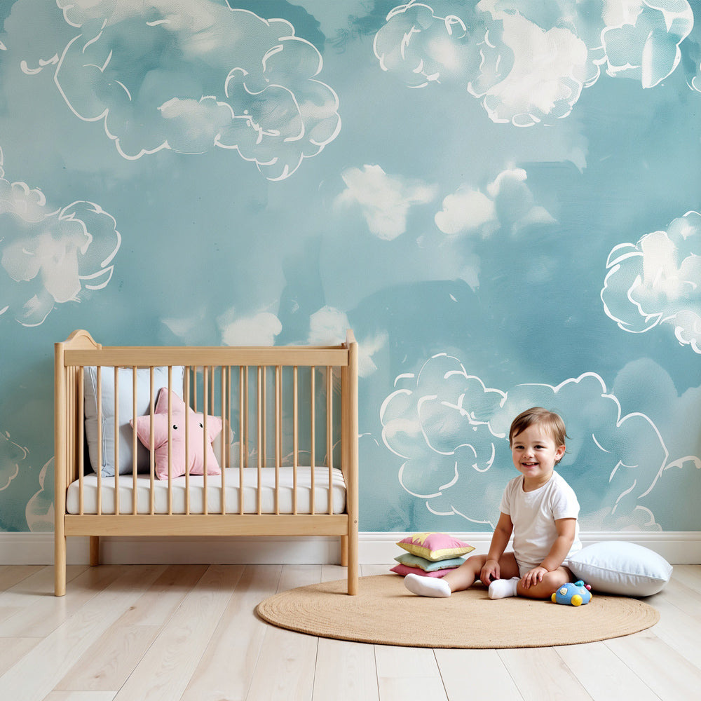 Pastel blue watercolor cloud mural wallpaper in modern nursery by Kids-Mundo
