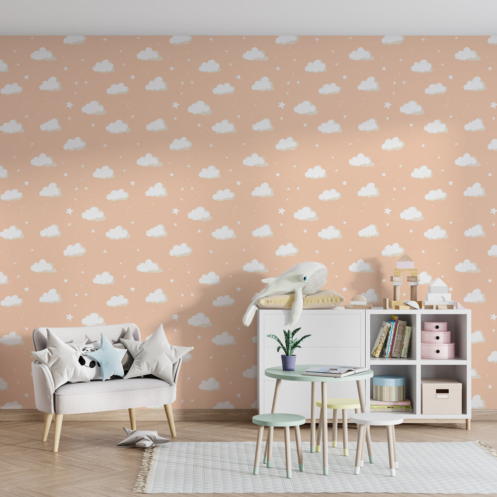 Peach cloud mural wallpaper transforming kids room into peaceful sky sanctuary