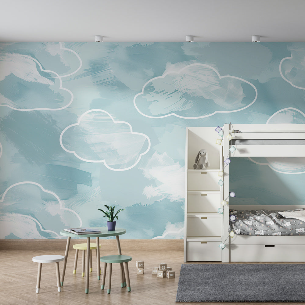 Blue pastel cloud wallpaper creating serene atmosphere in modern kids bedroom decor