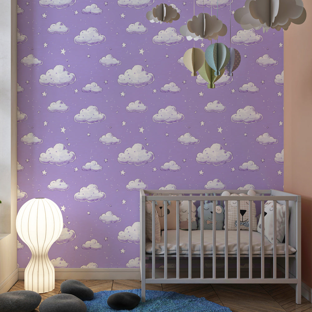 Children's cloud mural wallpaper on violet background creating peaceful kids room decor