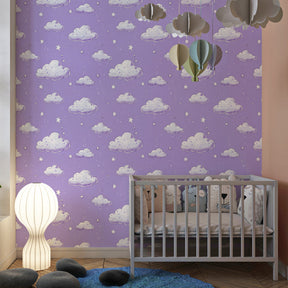 Children's cloud mural wallpaper on violet background creating peaceful kids room decor