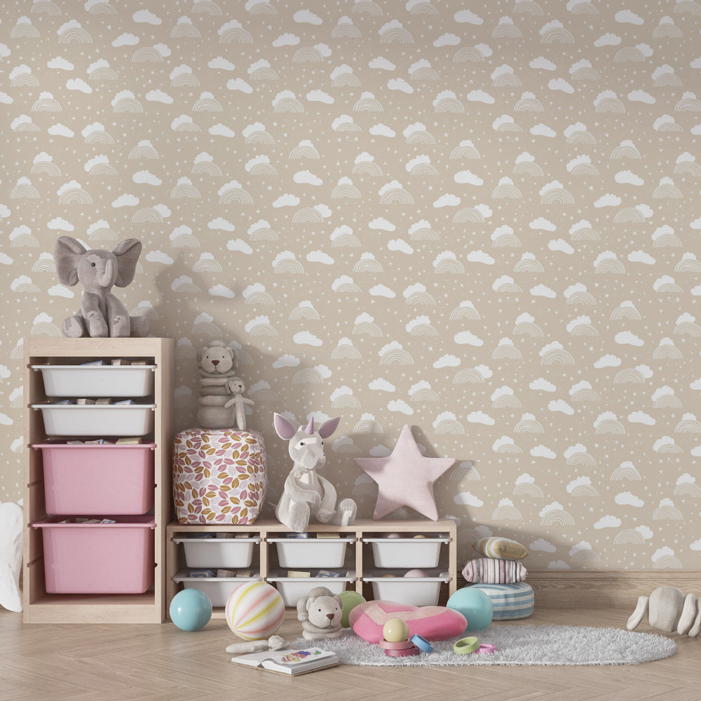 Whimsical cloud and rainbow wallpaper transforming children's bedroom into magical space