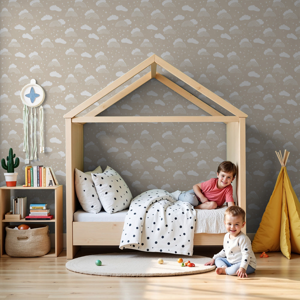 Cloud rainbow mural wallpaper in soft beige creating dreamy nursery atmosphere by Kids-Mundo