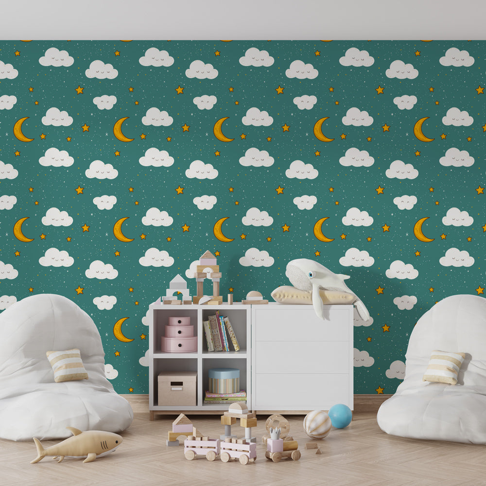 Celestial cloud wallpaper featuring blue sky with stars in modern kids bedroom decor