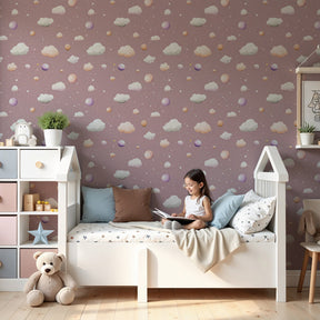 Soft pink cloud sky mural wallpaper creating peaceful nursery decor by Kids-Mundo