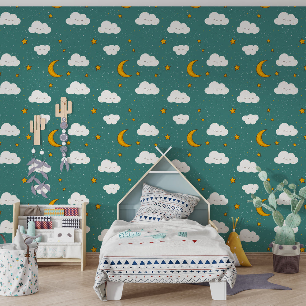 Peaceful cloud and star mural wallpaper transforming children's playroom into dreamy space