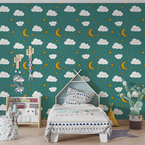 Peaceful cloud and star mural wallpaper transforming children's playroom into dreamy space