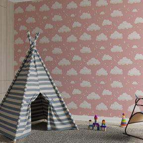 Pink cloud mural wallpaper with stars and moons for magical kids room by Kids-Mundo