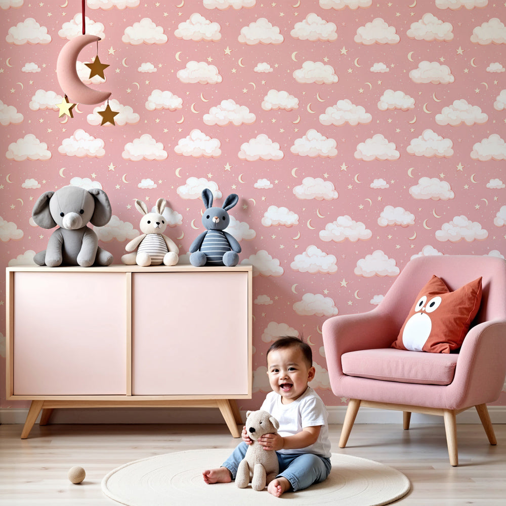Soft pink cloud stars mural wallpaper creating dreamy nursery atmosphere by Kids-Mundo