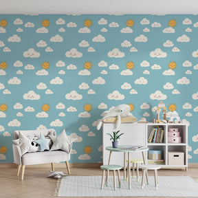 Cloud and sun mural wallpaper creating dreamy blue sky atmosphere in modern nursery by Kids-Mundo