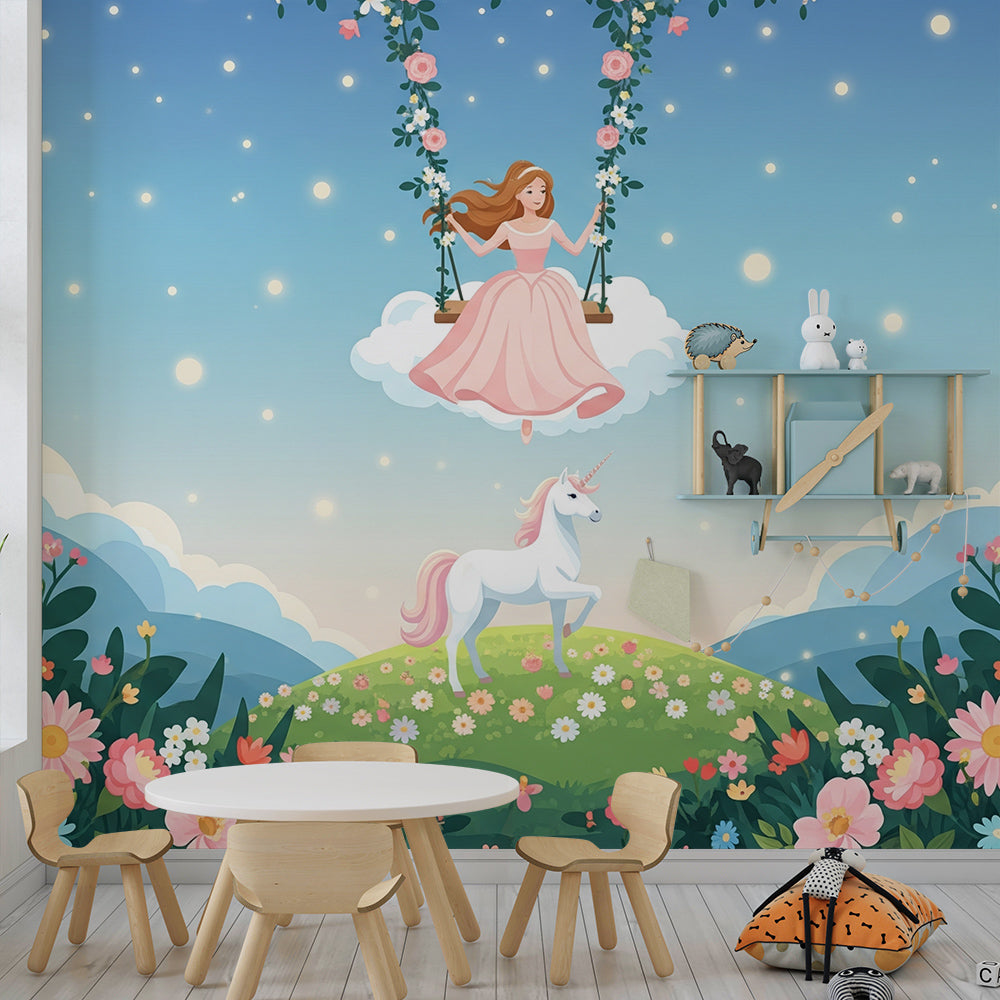 Kids-Mundo fairy on a cloud swing mural covering a feature wall in a girl's bedroom