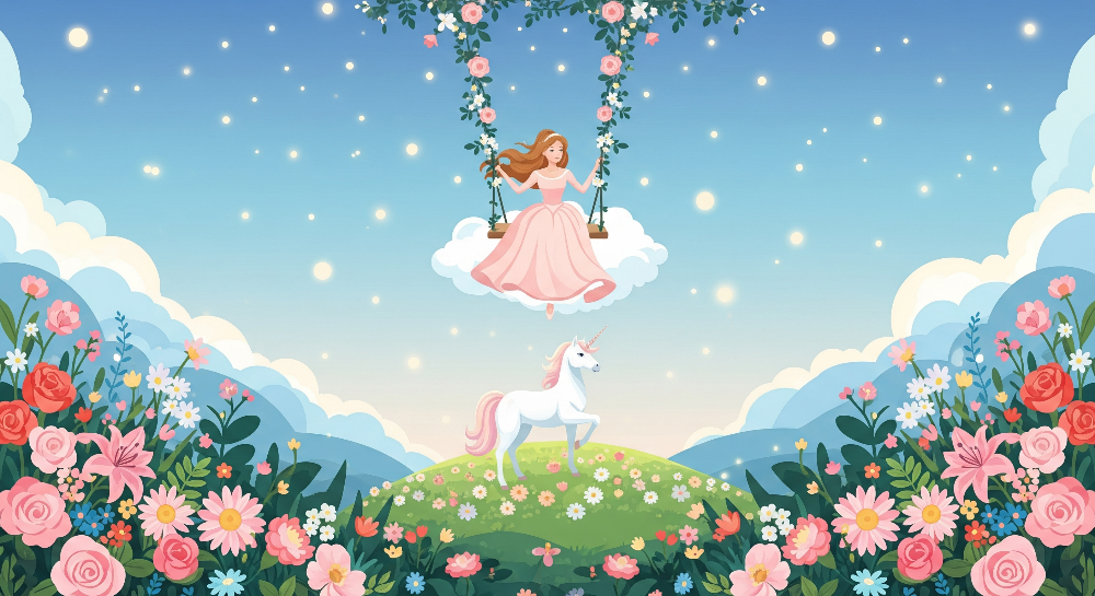 Cloud Swing Fairy and Hilltop Unicorn Wall Mural