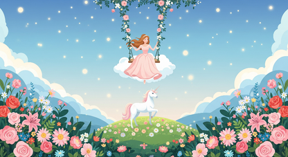 Kids-Mundo flat artwork of a fairy swinging on a cloud above a unicorn on a flowering hill
