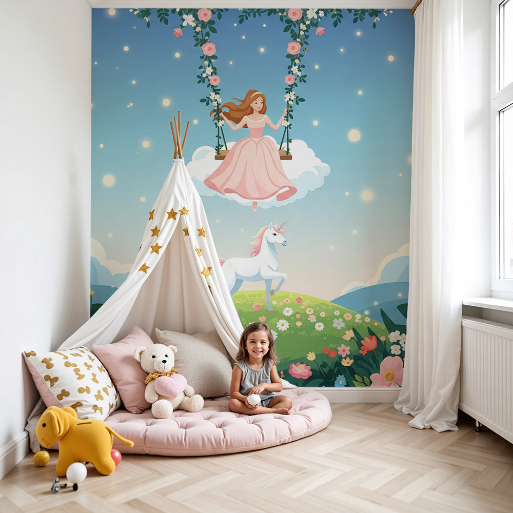 Kids-Mundo cloud swing fairy and hilltop unicorn wall mural fitted above a cot in a starry nursery