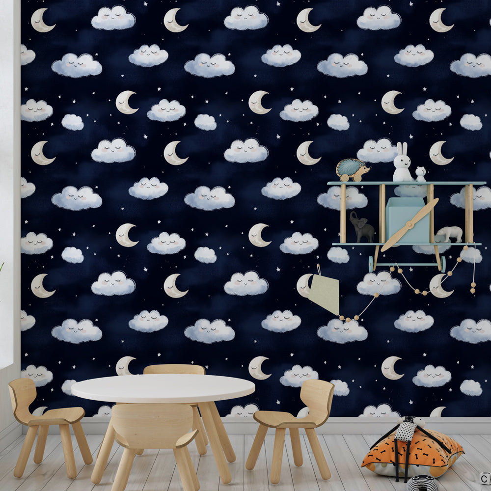 Starry night mural wallpaper transforming toddler room into dreamy sleep space