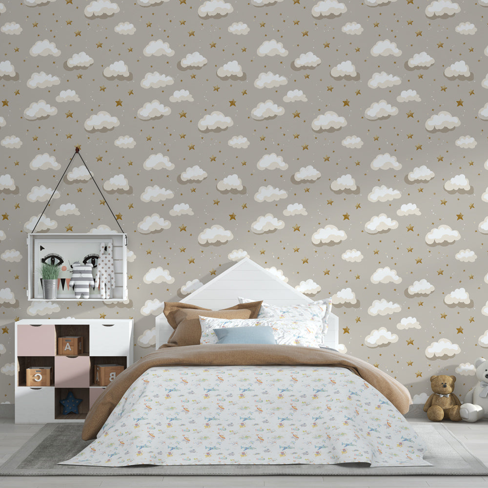Dreamy beige nursery wallpaper with golden stars creating peaceful kids bedroom atmosphere
