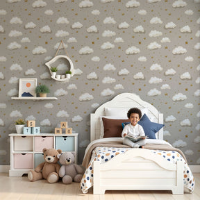 Clouds and stars mural wallpaper in modern nursery with beige celestial design by Kids-Mundo