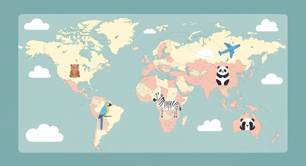 Cloudy Blue World Map with Animals and Aeroplane Wall Mural