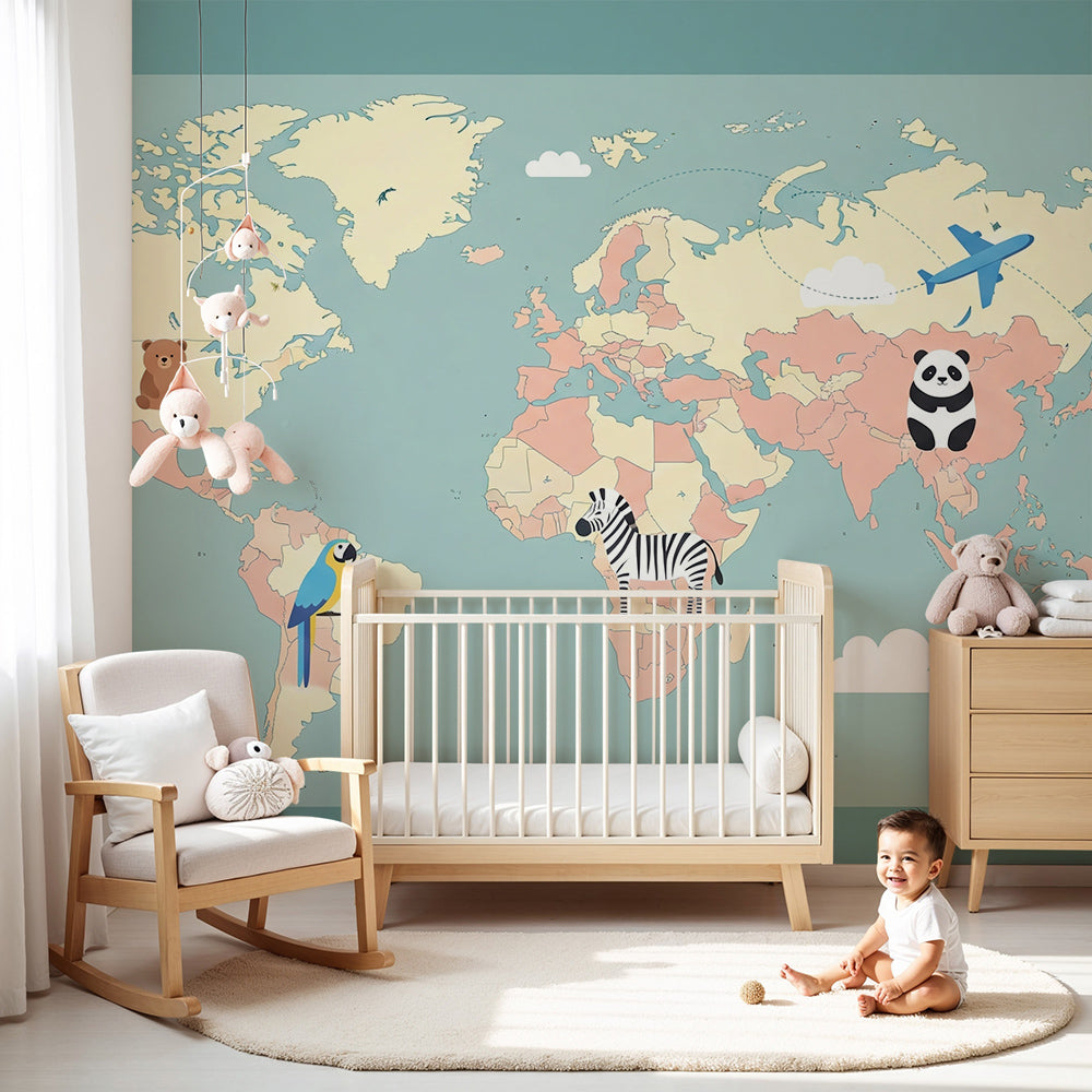 Kids-Mundo blue world map wall mural with clouds and a bear in a soft nursery