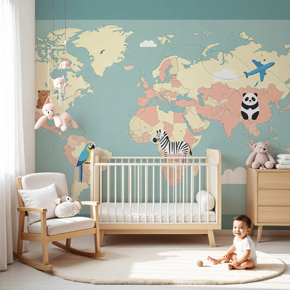 Kids-Mundo blue world map wall mural with clouds and a bear in a soft nursery