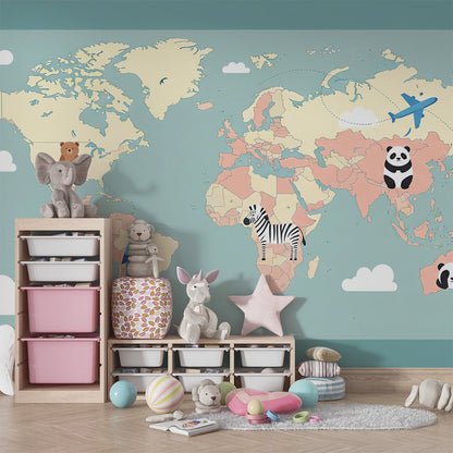 Kids-Mundo blue world map wallpaper with pandas and a plane in a playroom