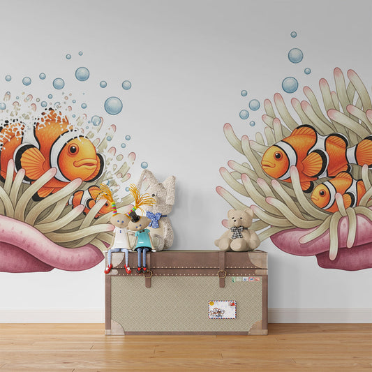 Clownfish and coral anemone wall mural by Kids-Mundo behind a bed in a kids bedroom