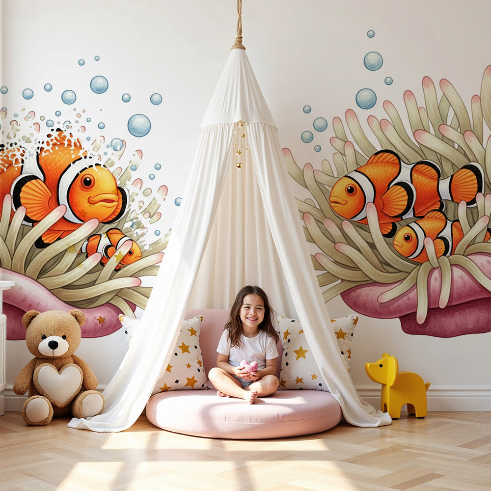 Kids-Mundo clownfish wall mural in a bright nursery with a white cot and soft rug
