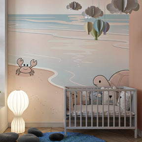 Ocean themed mural wallpaper featuring friendly sea creatures in modern kids playroom