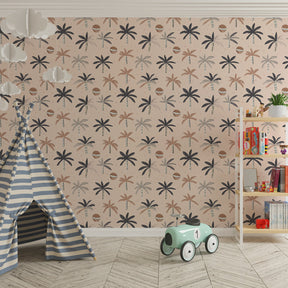 Exotic palm tree mural wallpaper with soft pastels for kids playroom decor by Kids-Mundo