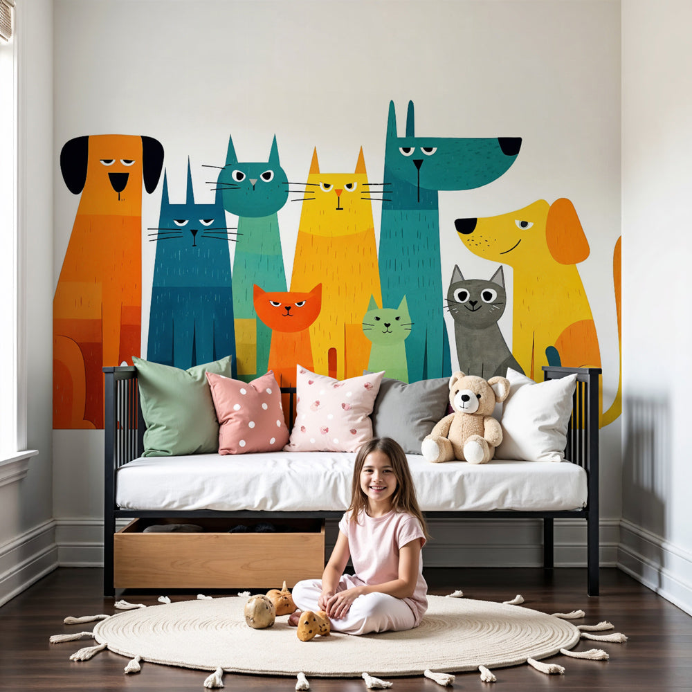Colorful animals mural wallpaper with abstract cats and dogs in bright children's bedroom by Kids-Mundo