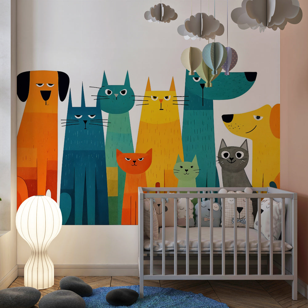 Abstract pet wallpaper creating vibrant playroom decor with geometric animal silhouettes by Kids-Mundo