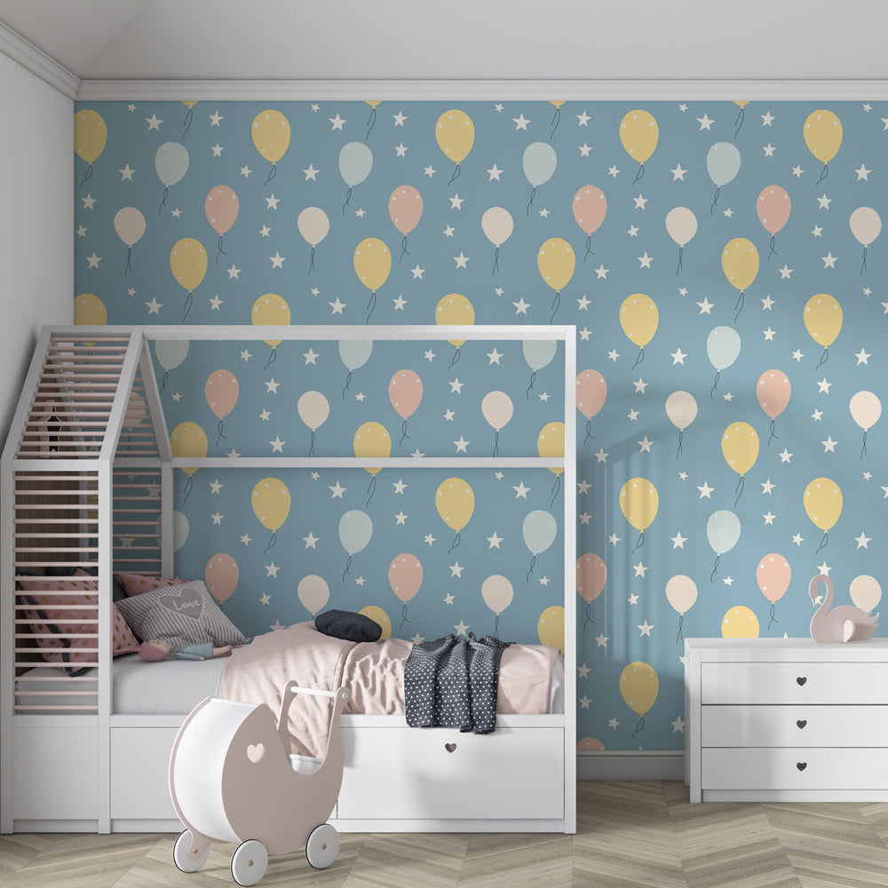 Festive balloons mural wallpaper transforming children's playroom into magical space