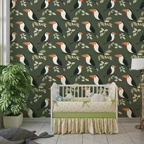 Green birds wallpaper creating peaceful children's bedroom decor with natural motifs