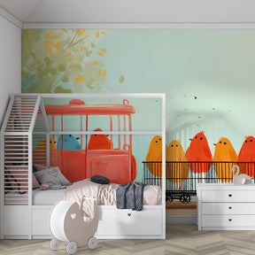 Birds adventure mural wallpaper creating playful kids bedroom atmosphere with train theme