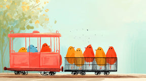 Detailed colorful birds train mural wallpaper design pattern by Kids-Mundo
