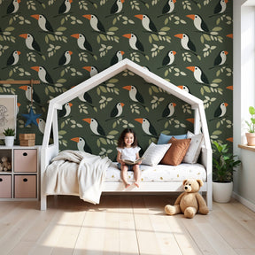Colorful birds mural wallpaper in modern nursery with green nature theme by Kids-Mundo