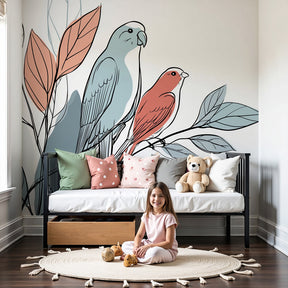 Colorful birds mural wallpaper creating serene nursery decor with pastel tones by Kids-Mundo