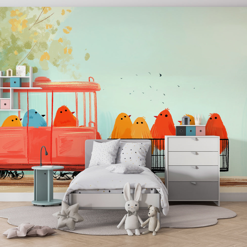 Whimsical birds train wallpaper transforming children's playroom into adventure space