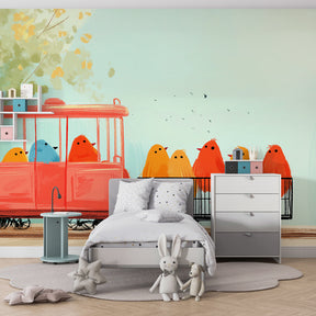 Whimsical birds train wallpaper transforming children's playroom into adventure space