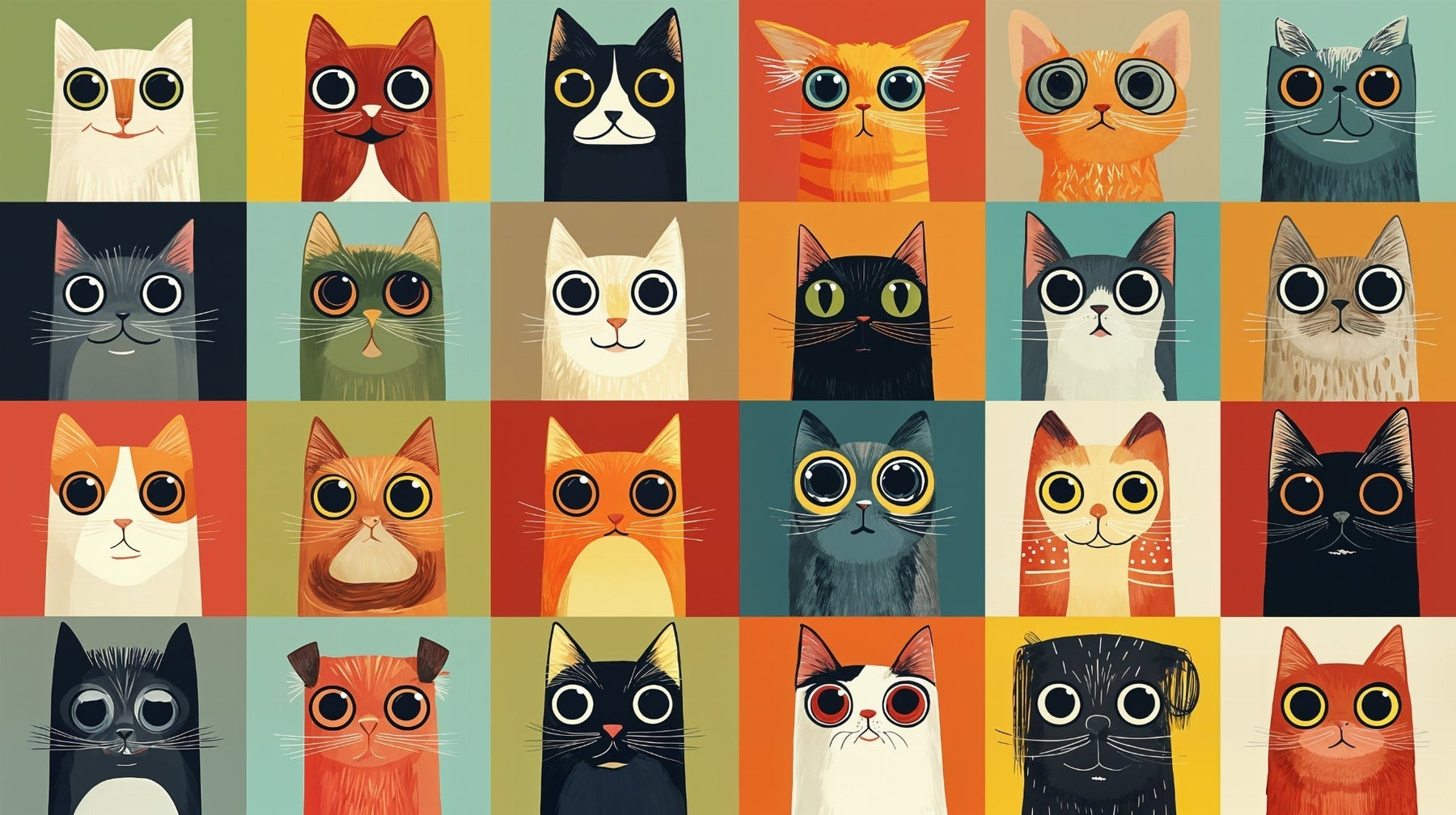 Detailed colorful cats mural wallpaper design pattern showing whimsical feline characters by Kids-Mundo