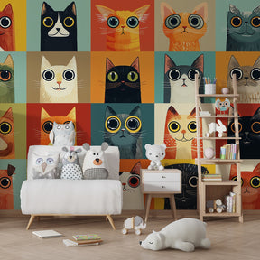 Vibrant cat wallpaper transforming children's bedroom with expressive feline motifs and bright colors