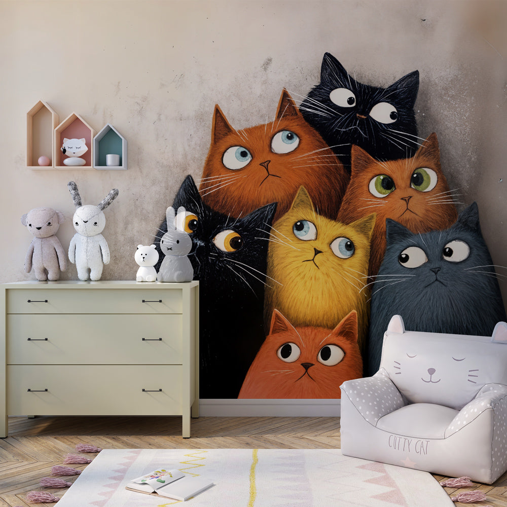 Whimsical cats wallpaper decorating vibrant kids playroom with artistic animal illustrations