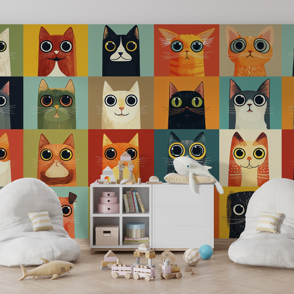 Playful cats wallpaper creating joyful atmosphere in kids playroom with colorful animal characters