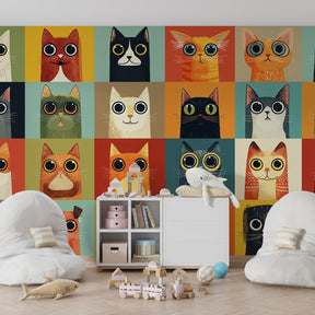 Playful cats wallpaper creating joyful atmosphere in kids playroom with colorful animal characters