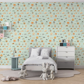 Urban adventure wallpaper with blue and orange buildings in kids playroom setting