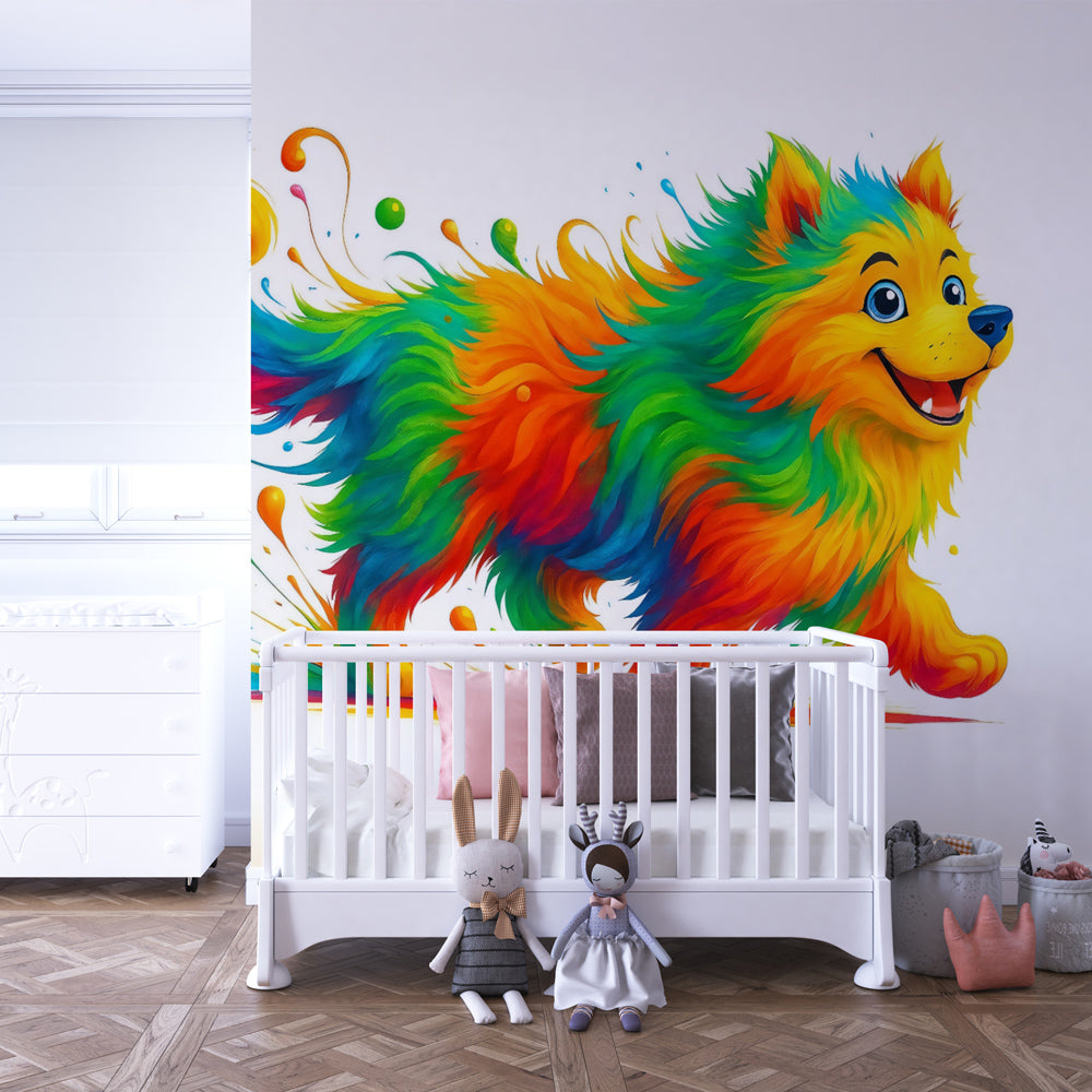 Rainbow dog wallpaper transforming children's bedroom into cheerful creative space with bright colors