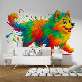 Pop art dog mural wallpaper adding energy and joy to kids playroom interior design
