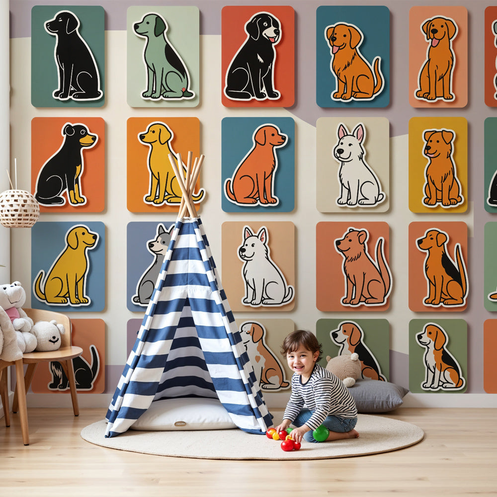 Colorful dogs mural wallpaper in bright nursery setting with modern furniture by Kids-Mundo