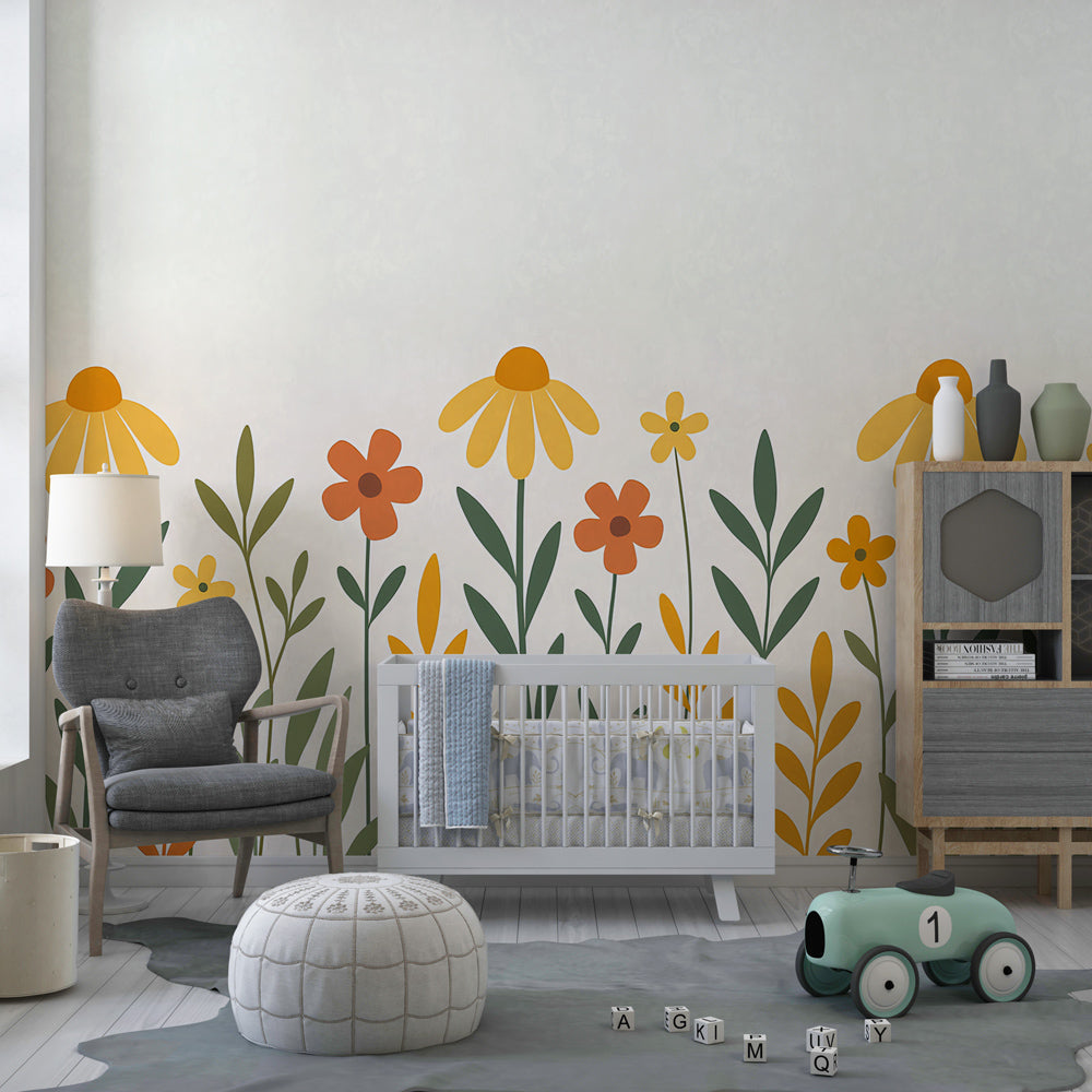Modern floral wallpaper creating cheerful atmosphere in children's bedroom decor