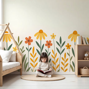 Colorful flowers mural wallpaper in bright nursery with natural wood furniture by Kids-Mundo